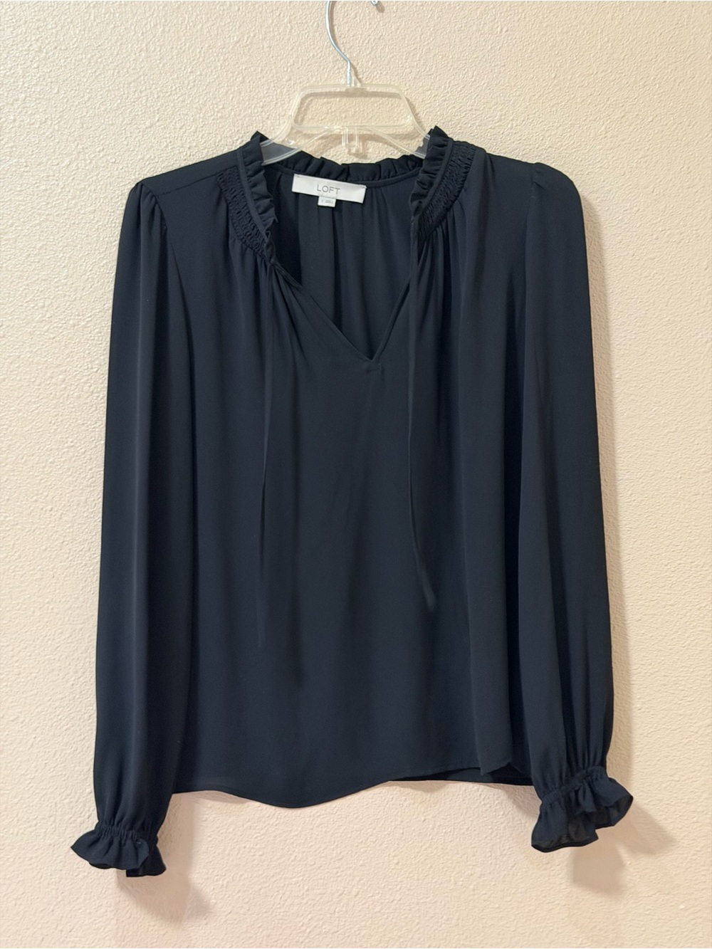 LOFT Black Long-Sleeve Ruffle Trim V-Neck Blouse